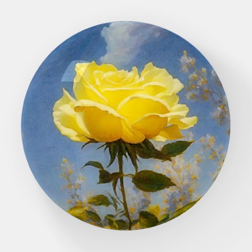 Yellow Rose Flower Art Glass Paperweight