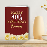 Yellow Rose Flower Floral 40th Birthday Card<br><div class="desc">Yellow Rose Flower Floral 40th Birthday Card. Beautiful yellow roses. The background is dark red. The text is in white and yellow colors and is easily customizable - customize it with your name,  age and text inside or erase it. Perfect for a woman who is celebrating her milestone birthday.</div>