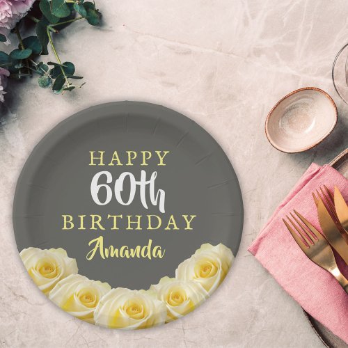 Yellow Rose Flower Floral 60th Birthday Paper Plates