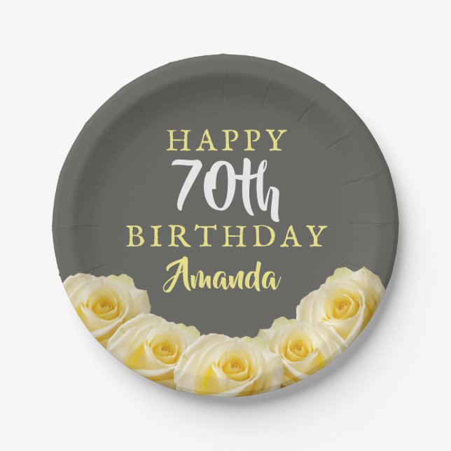 Yellow Rose Flower Floral 70th Birthday  Paper Plates (Front)