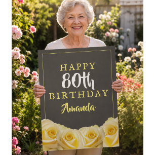 Yellow Rose Flower Floral 80th Birthday Big Card