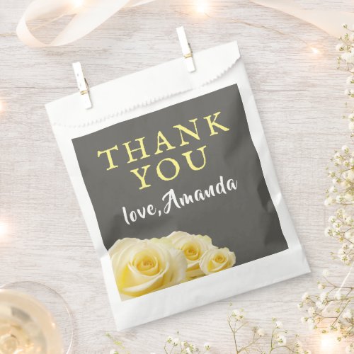 Yellow Rose Flower Floral 80th Birthday Favor Bag - Yellow Rose Flower Floral 80th Birthday Thank you Favor Bag. Beautiful yellow roses. The background is chalkboard grey. The text is in white and yellow colors and is easily customizable -  personalize it with your name and text. Perfect for a woman`s eightieth birthday party.