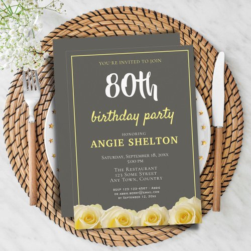 Yellow Rose Flower Floral 80th Birthday Invitation