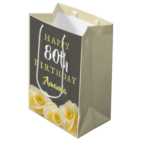 Yellow Rose Flower Floral 80th Birthday  Medium Gift Bag - Yellow Rose Flower Floral 80th Birthday Medium Gift Bag. Beautiful yellow roses. The background is chalkboard grey. The text is in white and yellow colors and is easily customizable -  personalize it with your name and age. 