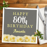 Yellow Rose Flower Floral 80th Birthday  Napkins<br><div class="desc">Yellow Rose Flower Floral 80th Birthday Party Napkins. Beautiful yellow roses. The background is chalkboard grey. The text is in white and yellow colors and is easily customizable -  personalize it with your name and age. Perfect for a woman`s eightieth birthday party.</div>