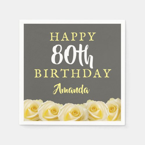 Yellow Rose Flower Floral 80th Birthday  Napkins - Yellow Rose Flower Floral 80th Birthday Party Napkins. Beautiful yellow roses. The background is chalkboard grey. The text is in white and yellow colors and is easily customizable -  personalize it with your name and age. Perfect for a woman`s eightieth birthday party.