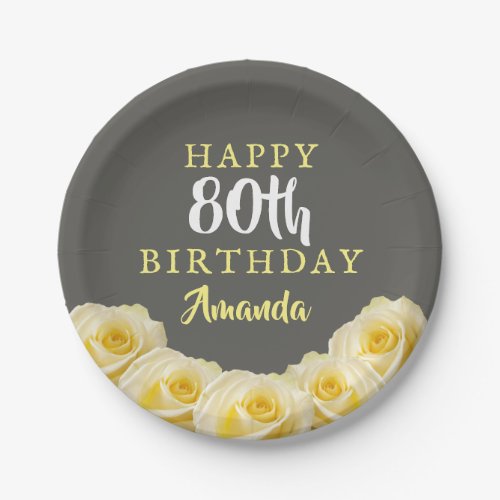 Yellow Rose Flower Floral 80th Birthday Paper Plates - Yellow Rose Flower Floral 80th Birthday Plates. Beautiful yellow roses. The background is chalkboard grey. The text is in white and yellow colors and is easily customizable -  personalize it with your name and age. Perfect for a woman`s eightieth birthday party.