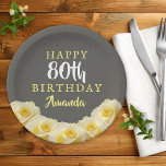 Yellow Rose Flower Floral 80th Birthday Paper Plates<br><div class="desc">Yellow Rose Flower Floral 80th Birthday Plates. Beautiful yellow roses. The background is chalkboard grey. The text is in white and yellow colors and is easily customizable -  personalize it with your name and age. Perfect for a woman`s eightieth birthday party.</div>