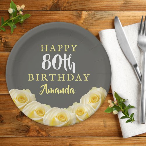 Yellow Rose Flower Floral 80th Birthday Paper Plates