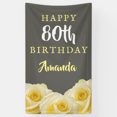 Yellow Rose Flower Floral 80th Birthday Party Banner - Yellow Rose Flower Floral 80th Birthday Party Banner. Beautiful yellow roses. The background is chalkboard grey. The text is in white and yellow colors and is easily customizable -  personalize it with your name and age. Perfect for a woman who is celebrating her eightieth birthday. 