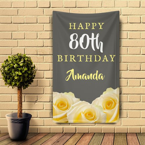 Yellow Rose Flower Floral 80th Birthday Party Banner