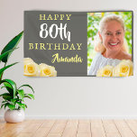 Yellow Rose Flower Floral 80th Birthday Photo Banner<br><div class="desc">Yellow Rose Flower Floral 80th Birthday Photo Banner. Beautiful yellow roses. The background is chalkboard grey. The text is in white and yellow colors and is easily customizable -  personalize it with your photo,  name and age. Perfect for a woman who is celebrating her eightieth birthday.</div>