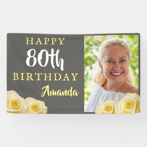 Yellow Rose Flower Floral 80th Birthday Photo Banner - Yellow Rose Flower Floral 80th Birthday Photo Banner. Beautiful yellow roses. The background is chalkboard grey. The text is in white and yellow colors and is easily customizable -  personalize it with your photo, name and age. Perfect for a woman who is celebrating her eightieth birthday. 