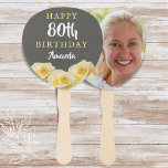 Yellow Rose Flower Floral 80th Birthday Photo Hand Fan<br><div class="desc">Yellow Rose Flower Floral 80th Birthday Photo Hand Fan. Beautiful yellow roses. The background is chalkboard grey. The text is in white and yellow colors and is easily customizable - personalize it with your name, age and your photo on the backside. Perfect for a woman who is celebrating her eightieth...</div>