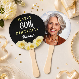 Yellow Rose Flower Floral 80th Birthday Photo Hand Fan