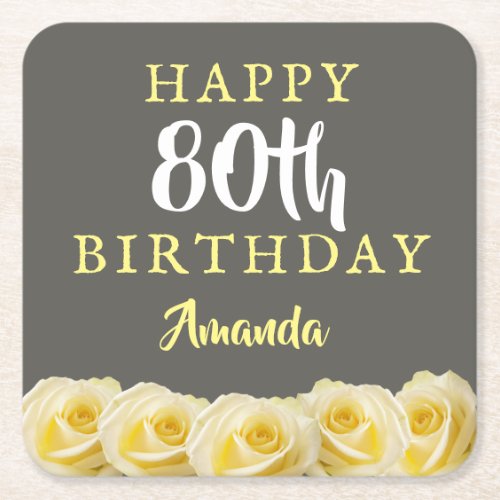 Yellow Rose Flower Floral 80th Birthday Square Paper Coaster