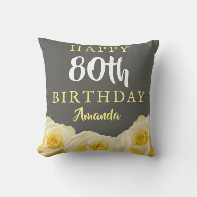 Yellow Rose Flower Floral 80th Birthday Throw Pillow (Front)
