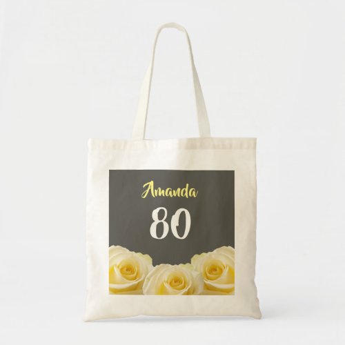 Yellow Rose Flower Floral 80th Birthday Tote Bag - Yellow Rose Flower Floral 80th Birthday Tote Bag. Beautiful yellow roses. The background is chalkboard grey. The text is in white and yellow colors and is easily customizable -  personalize it with your name and age. 