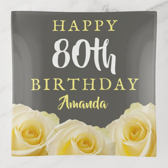 Yellow Rose Flower Floral 80th Birthday  Trinket Tray (Front)