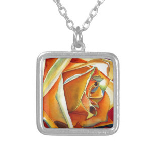 Yellow Rose flower original watercolor Art Silver Plated Necklace