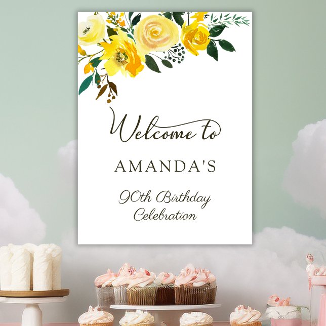 Yellow Rose Flowers 90th Birthday Welcome Poster (Creator Uploaded)