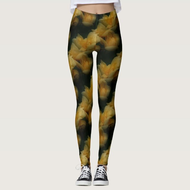 Yellow Rose Flowers Nature Pattern Leggings (Front)