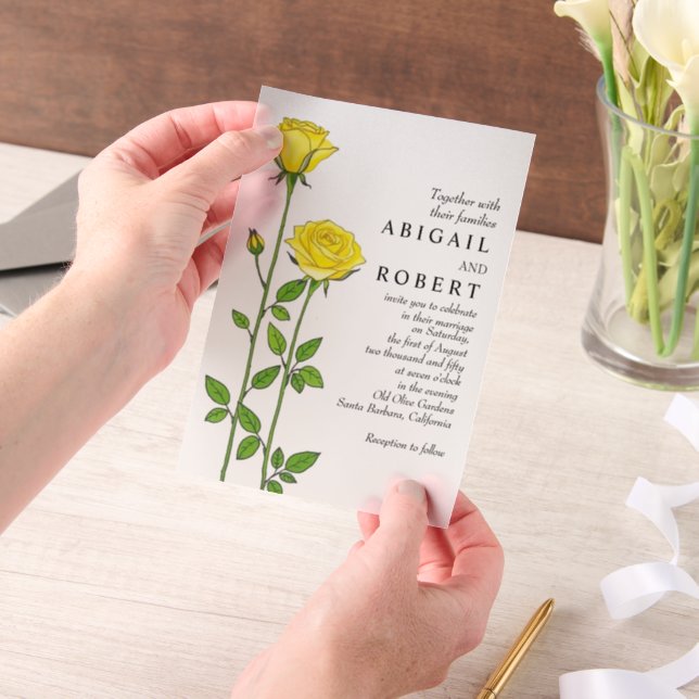 Yellow rose flowers romantic floral wedding vellum invitations (Handheld)