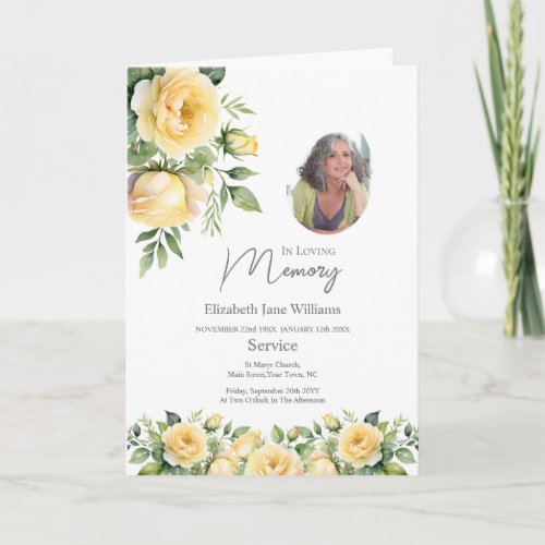 Yellow Rose Funeral Order of Service Photo  Card