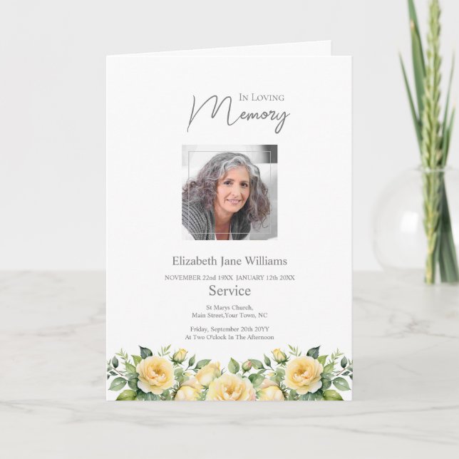 Yellow Rose Funeral Order of Service Photo  Card (Front)