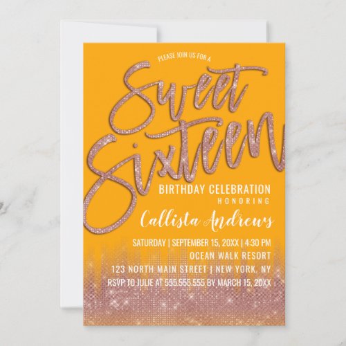 Yellow Rose Gold Glitter Typography Sweet 16 Invitation