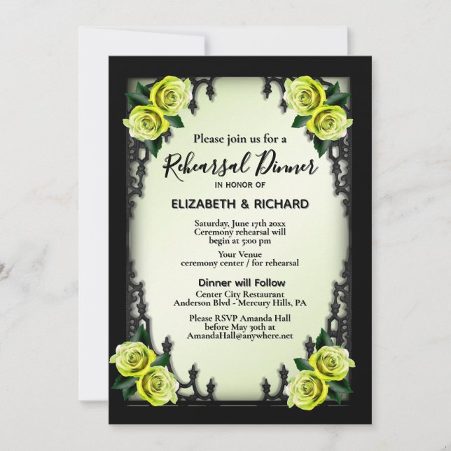 Yellow Rose Gothic Rehearsal Dinner Green Invitation (Front)