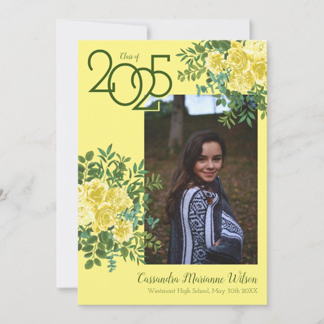 Yellow Rose Green Photo Graduation Announcement (Front)