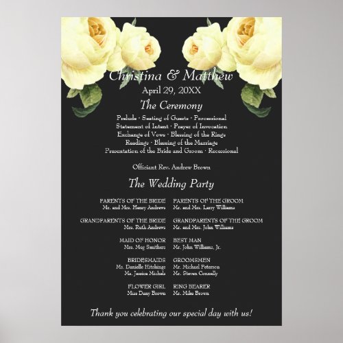 Yellow Rose grey vintage Wedding Ceremony Program Poster