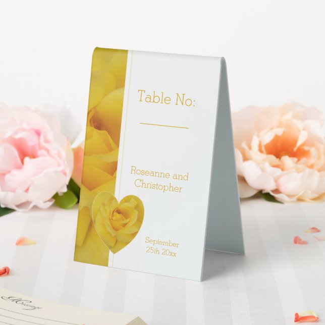 Yellow Rose Heart Design Wedding Table Tent (In SItu (Wedding))