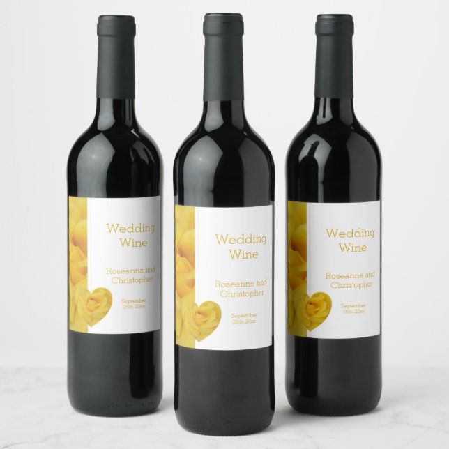 Yellow Rose Heart Design Wedding Wine Label (Bottles)