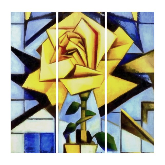 Yellow Rose In Yellow Vase Geometric Still Life Triptych (Front)