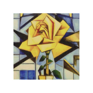 Yellow Rose In Yellow Vase Geometric Still Life Wood Wall Art