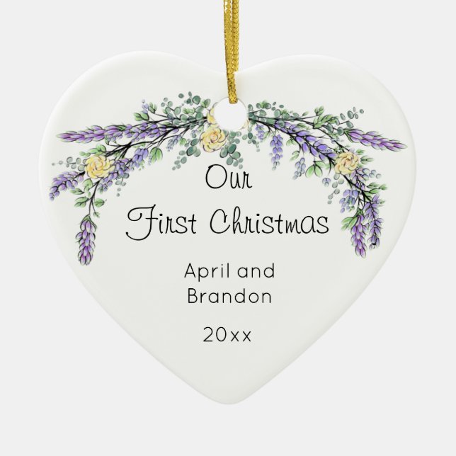 Yellow Rose Lavender  Eucalyptus | Christmas   Ceramic Ornament (Front)
