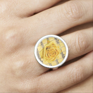 Yellow Rose & Music Silver Round Ring