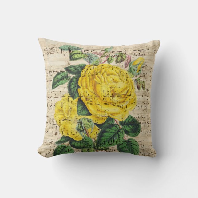 Yellow Rose Music Throw Pillow (Front)