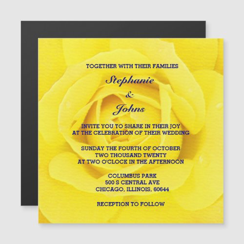 Yellow Rose Navy Blue Cute Chic Wedding Magnetic Invitation