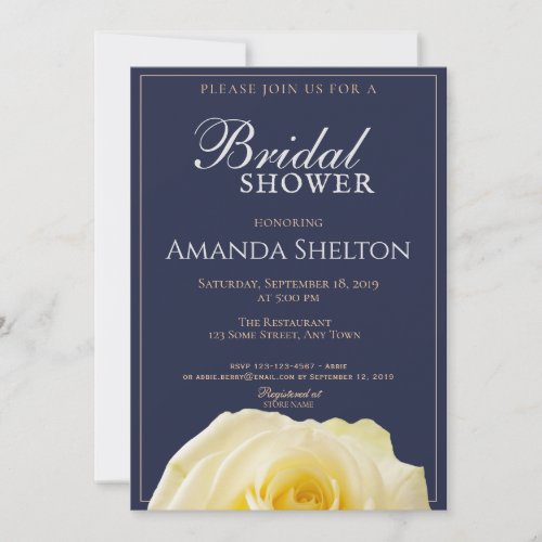 Yellow Rose Navy Blue Floral Bridal Shower Invitation