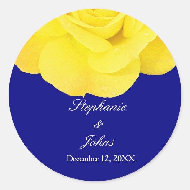 Yellow Rose Navy Blue Floral Wedding Cool Unique Classic Round Sticker (Front)