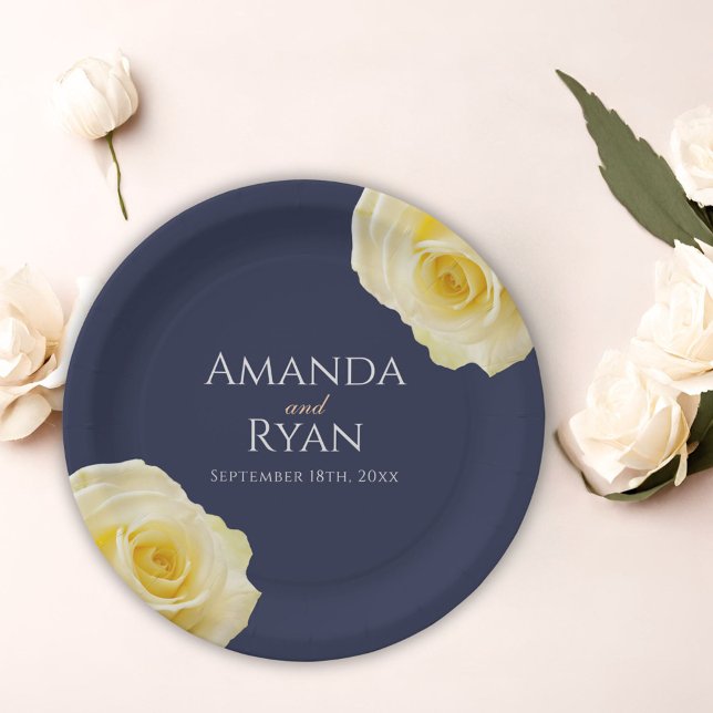 Yellow Rose Navy Blue Floral Wedding Paper Plates (Creator Uploaded)