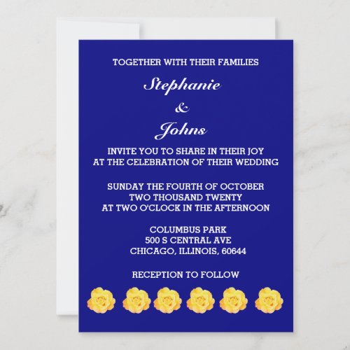 Yellow Rose Navy Blue Floral Wedding Pretty Bright Invitation