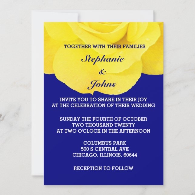 Yellow Rose Navy Blue Floral White Unique Wedding Invitation (Front)