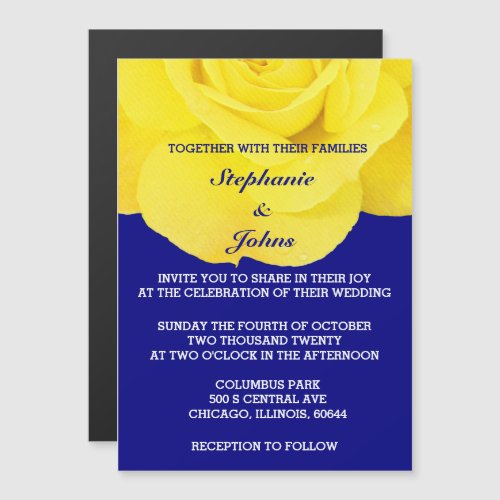 Yellow Rose Navy Blue Floral White Unique Wedding Magnetic Invitation