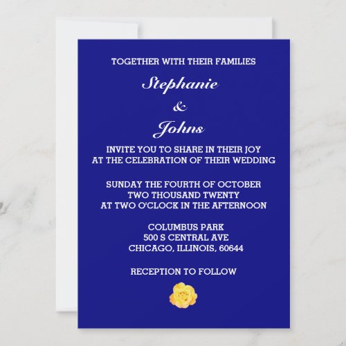 Yellow Rose Navy Blue Floral White Wedding Pretty Invitation