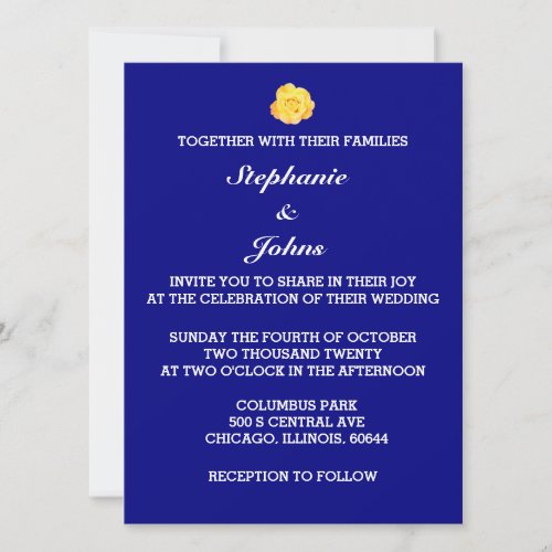 Yellow Rose Navy Blue Floral White Wedding Trendy Invitation