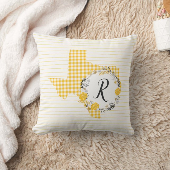 Yellow Rose of Texas - Gingham Monogram Throw Pillow (Blanket)